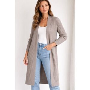 Long Open-Front Ribbed Cardigan Sweater - Taupe